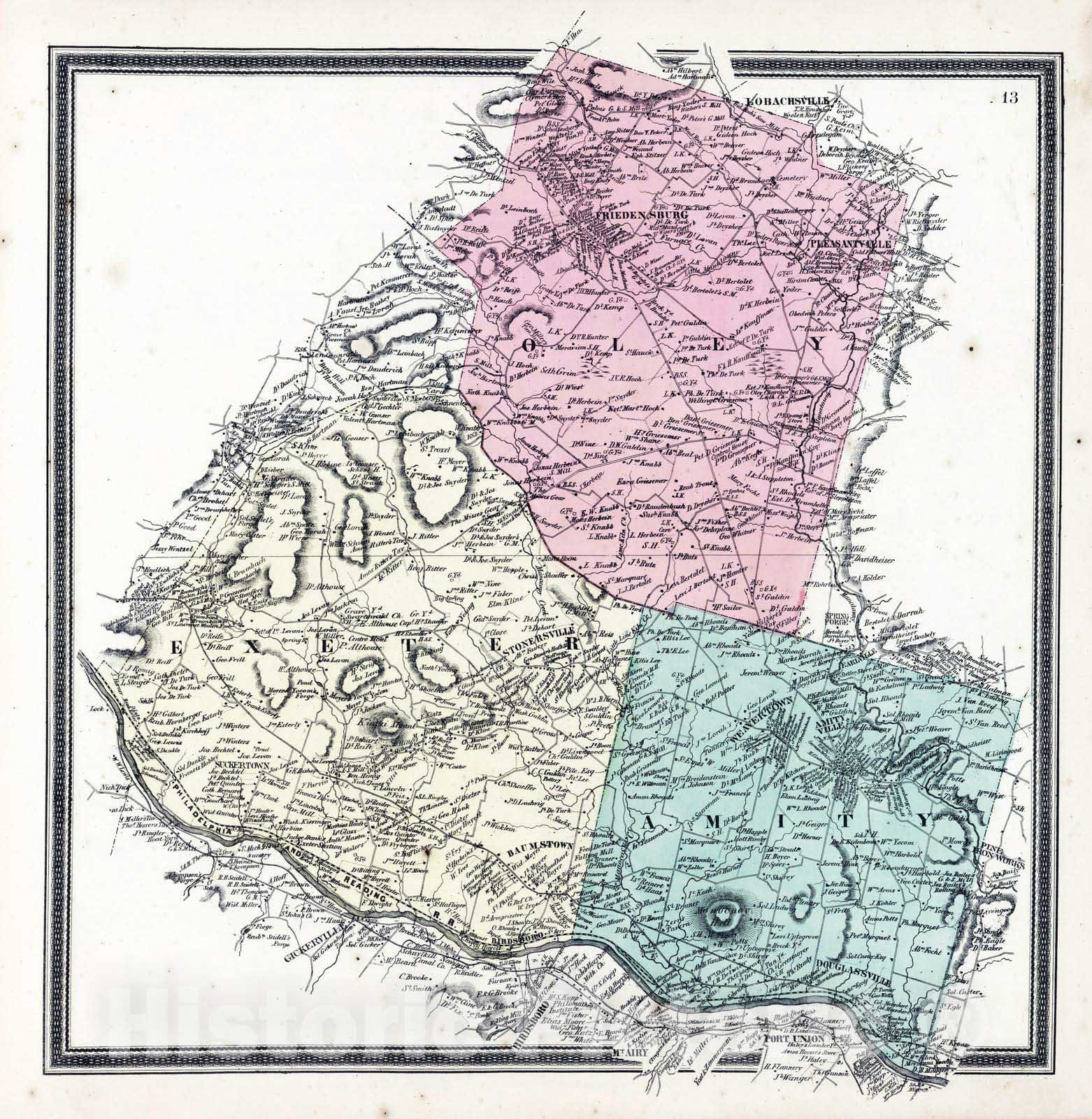 Historic Map : 1862 Oley, Exeter, and Amity Townships, Berks County, Pennsylvania. - Vintage Wall Art