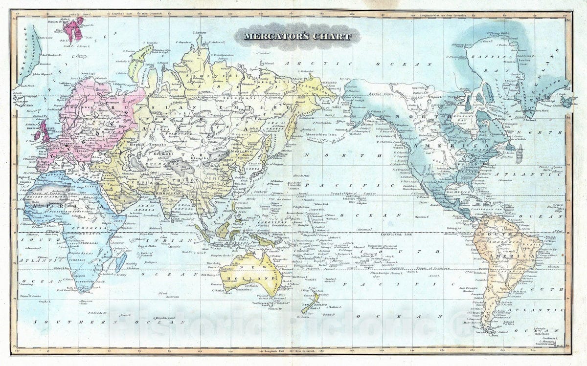 Historic Map : 1823 Mercator's Chart. - Vintage Wall Art