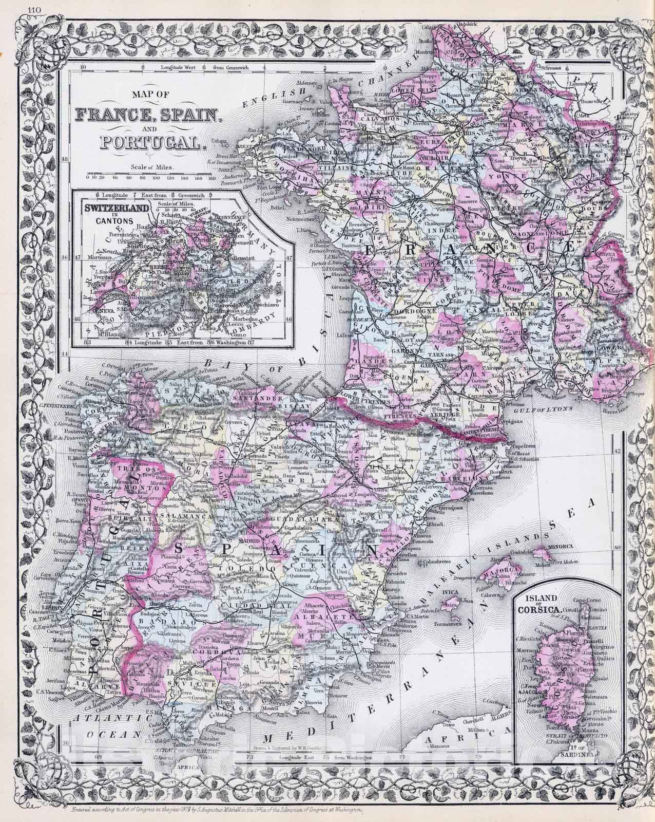 Historic Map : 1880 France, Spain, Portugal. - Vintage Wall Art