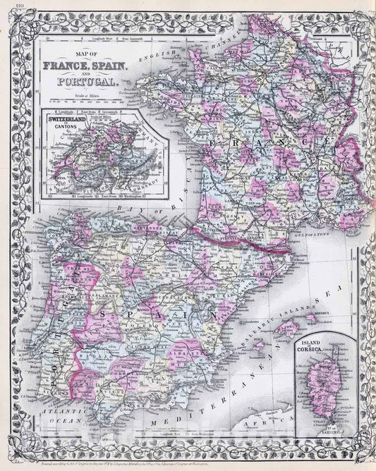 Historic Map : 1880 France, Spain, Portugal. - Vintage Wall Art