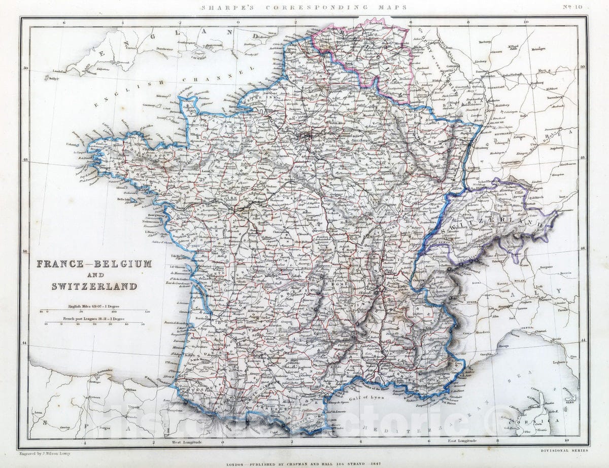 Historic Map : 1849 France - Belgium and Switzerland. - Vintage Wall Art