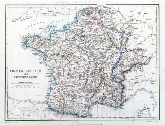 Historic Map : 1849 France - Belgium and Switzerland. - Vintage Wall Art