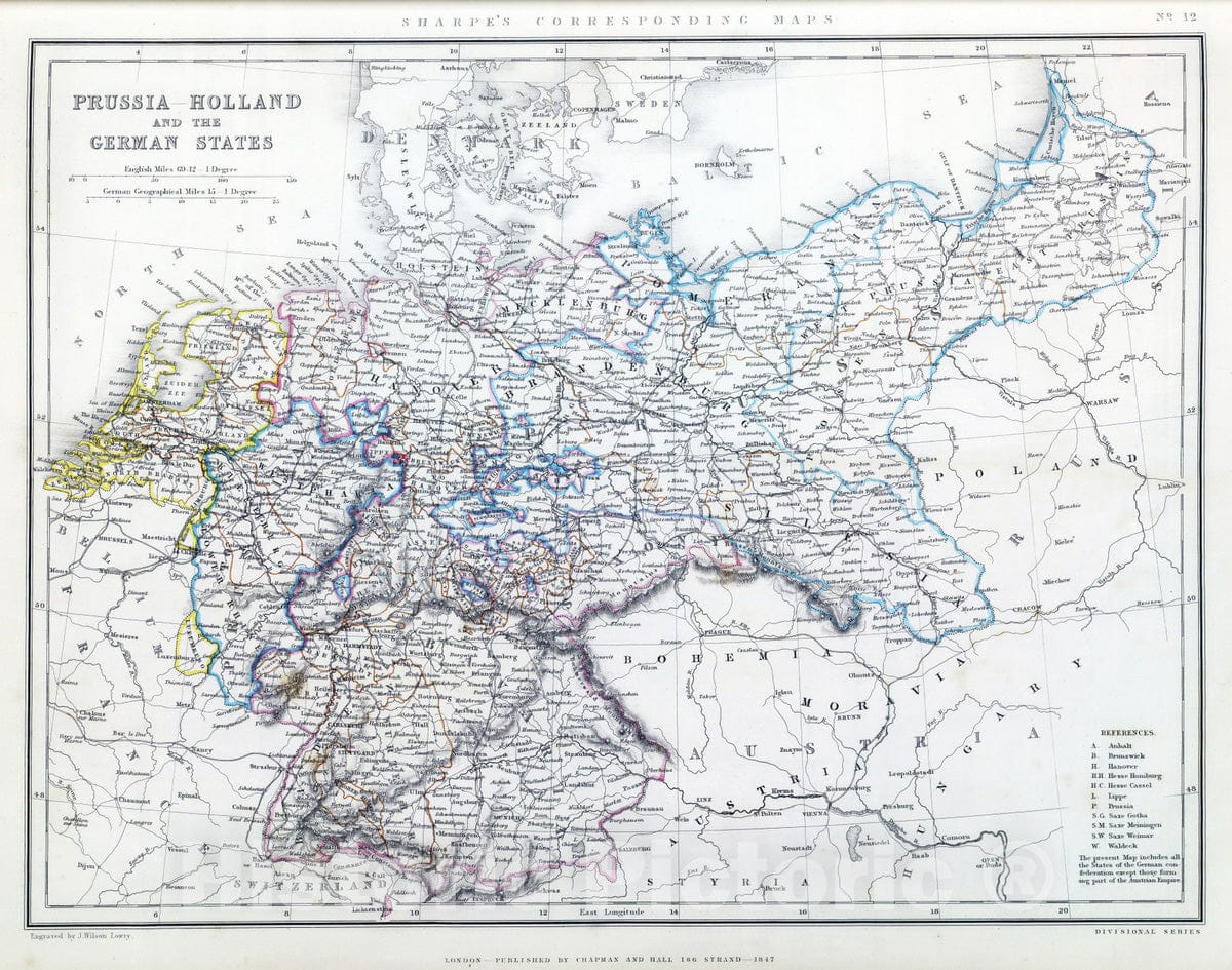 Historic Map : 1847 Prussia - Holland and the German States. - Vintage Wall Art