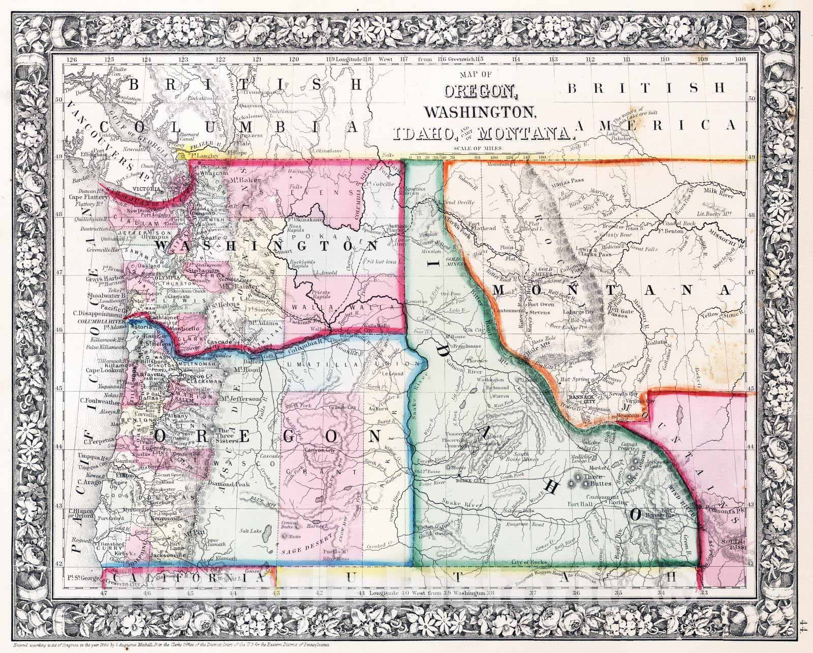 Historic Map : 1865 Map of Oregon, Washington, Idaho, and Part of Montana - Vintage Wall Art