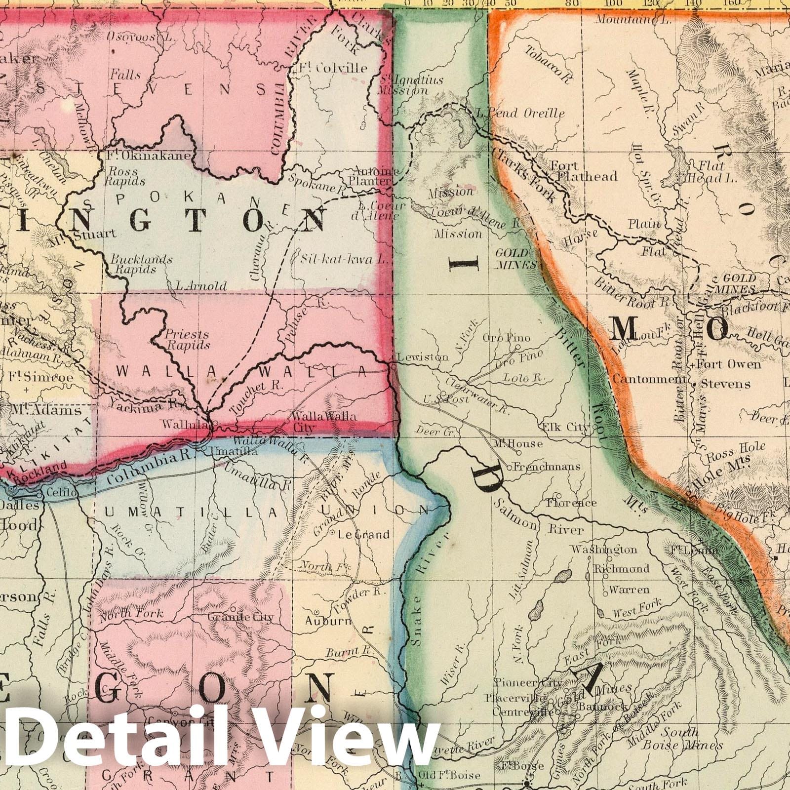Oregon, Washington, Idaho, and Montana, 1865 - Historical Map Print