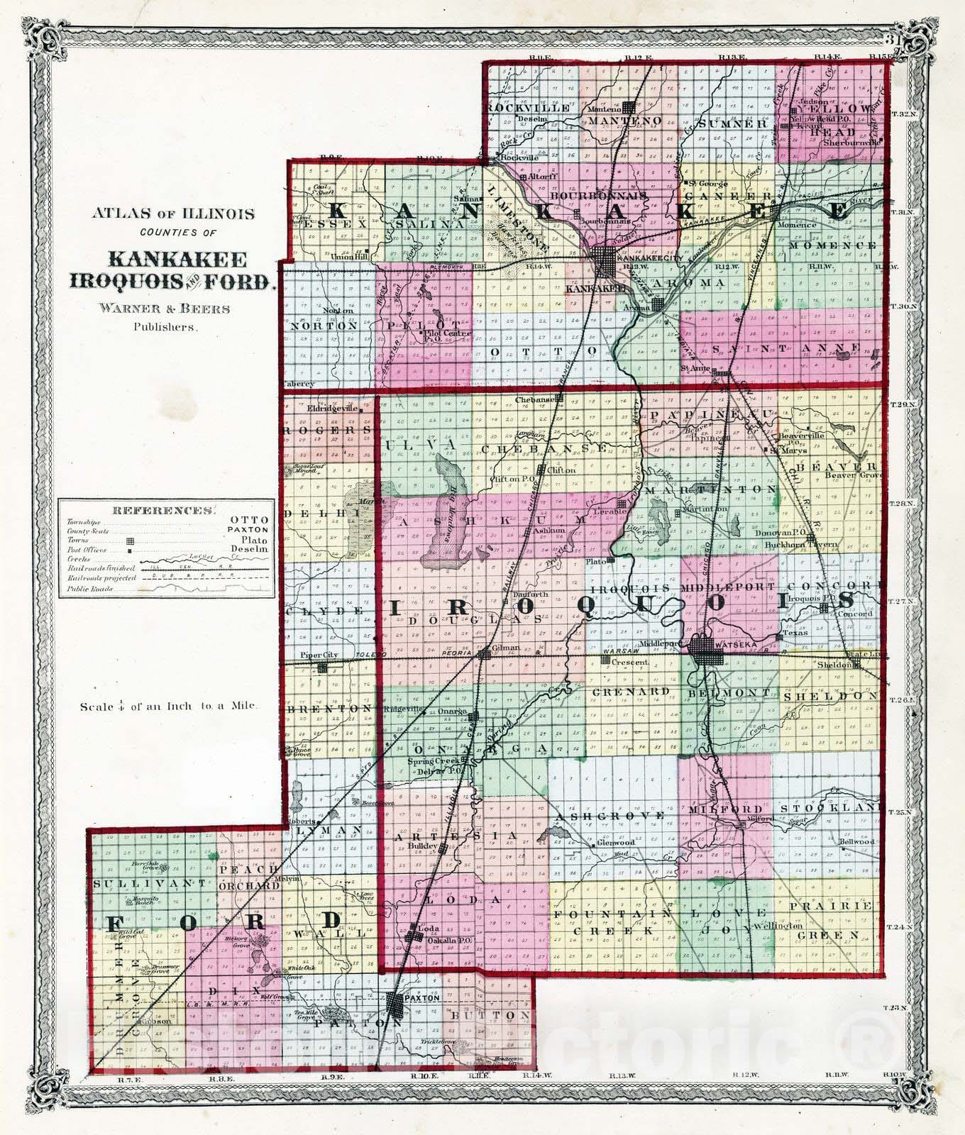 Historic Map : National Atlas - 1872 Atlas of Illinois, Counties of Kankakee, Iroquois and Ford. - Vintage Wall Art
