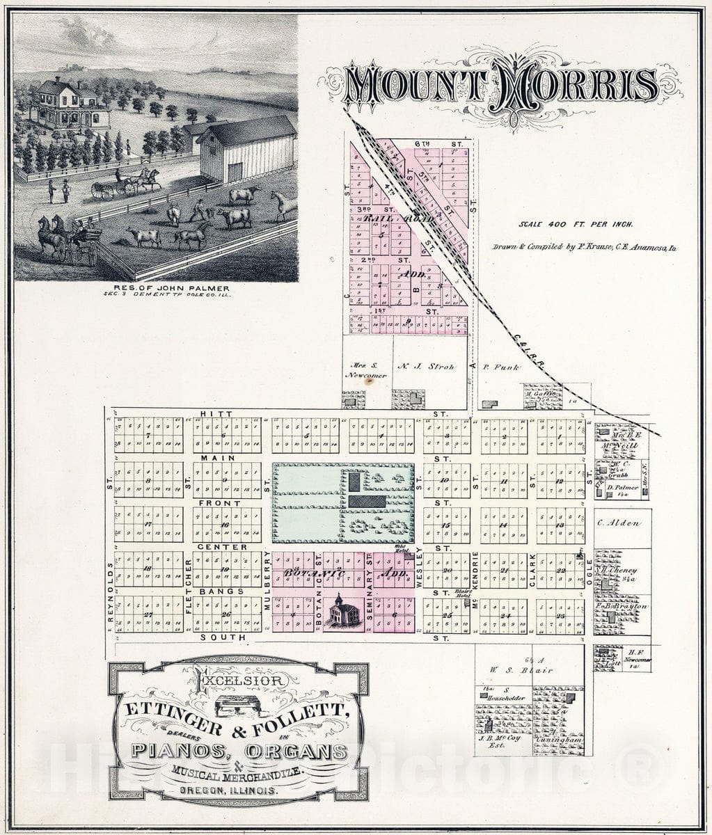 Historic Map : 1872 Mount Morris, Illinois. View: Residence of Ogle County, Illinois. - Vintage Wall Art