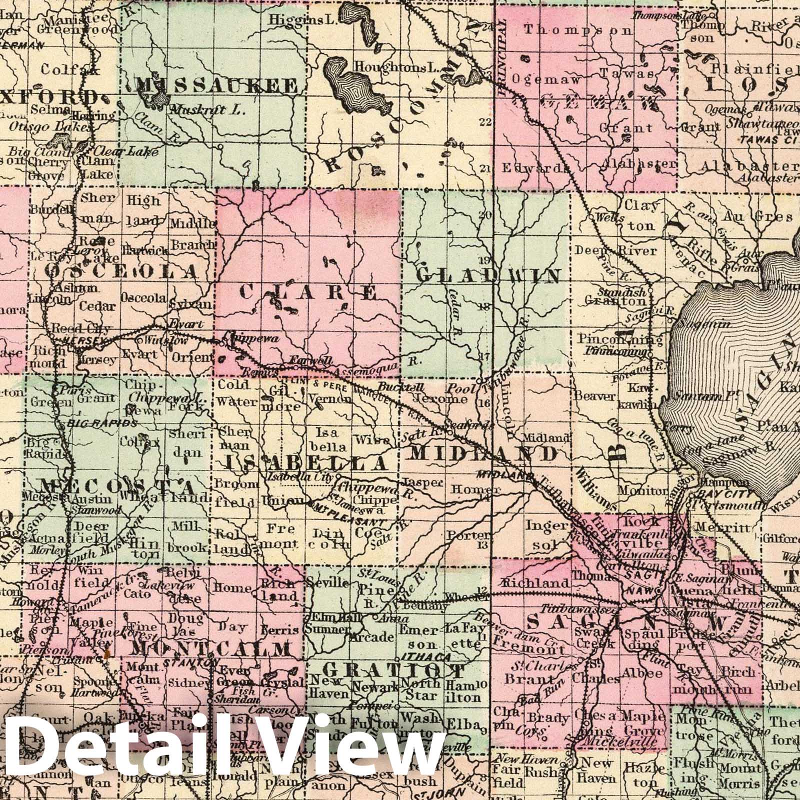 Michigan - Railroad Map, 1874 - Gray's Atlas Historical Map Print