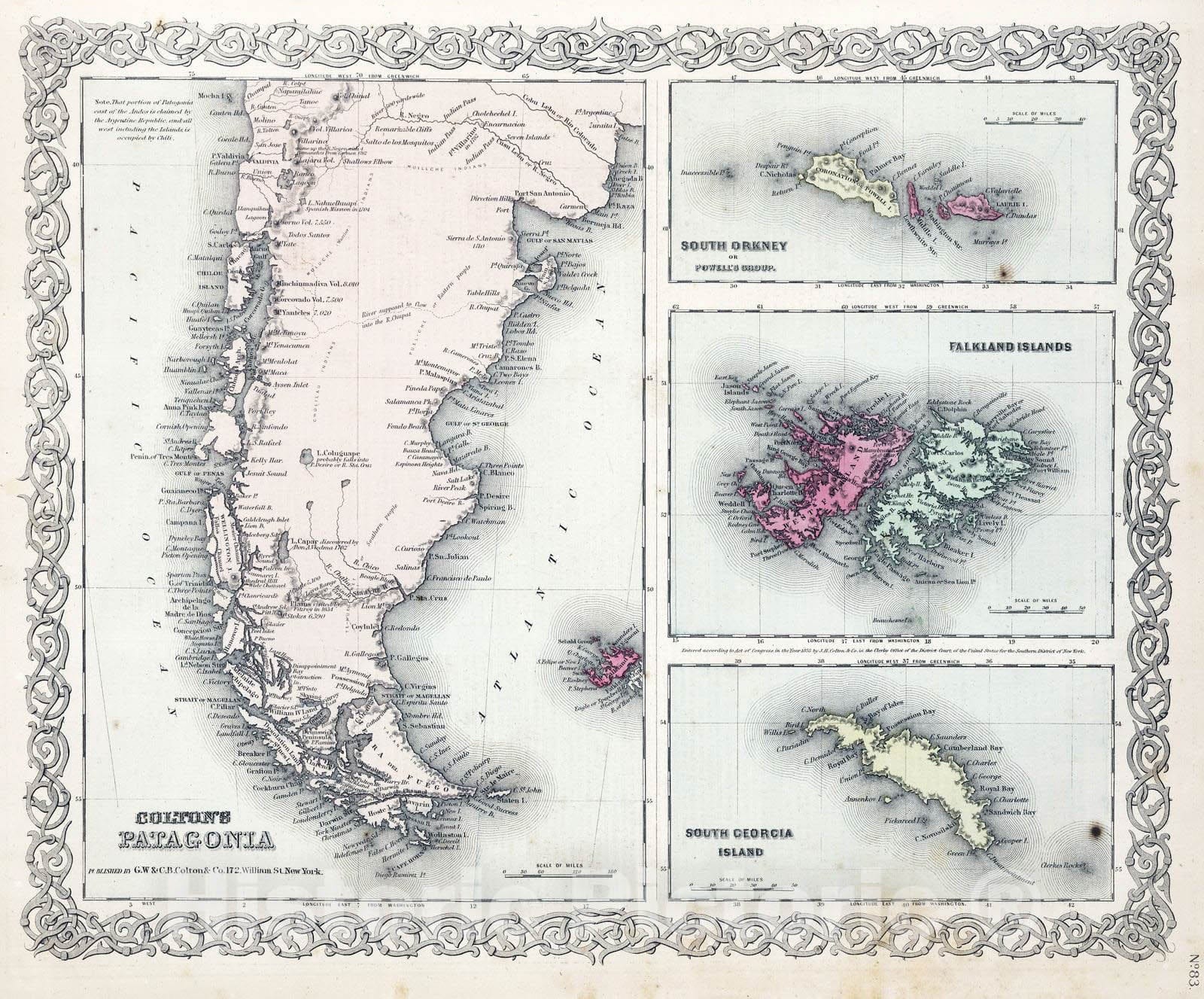 Historic Wall Map : 1866 Patagonia. South Orkney or Powell's Group. Falkland Islands. South Georgia Island. - Vintage Wall Art