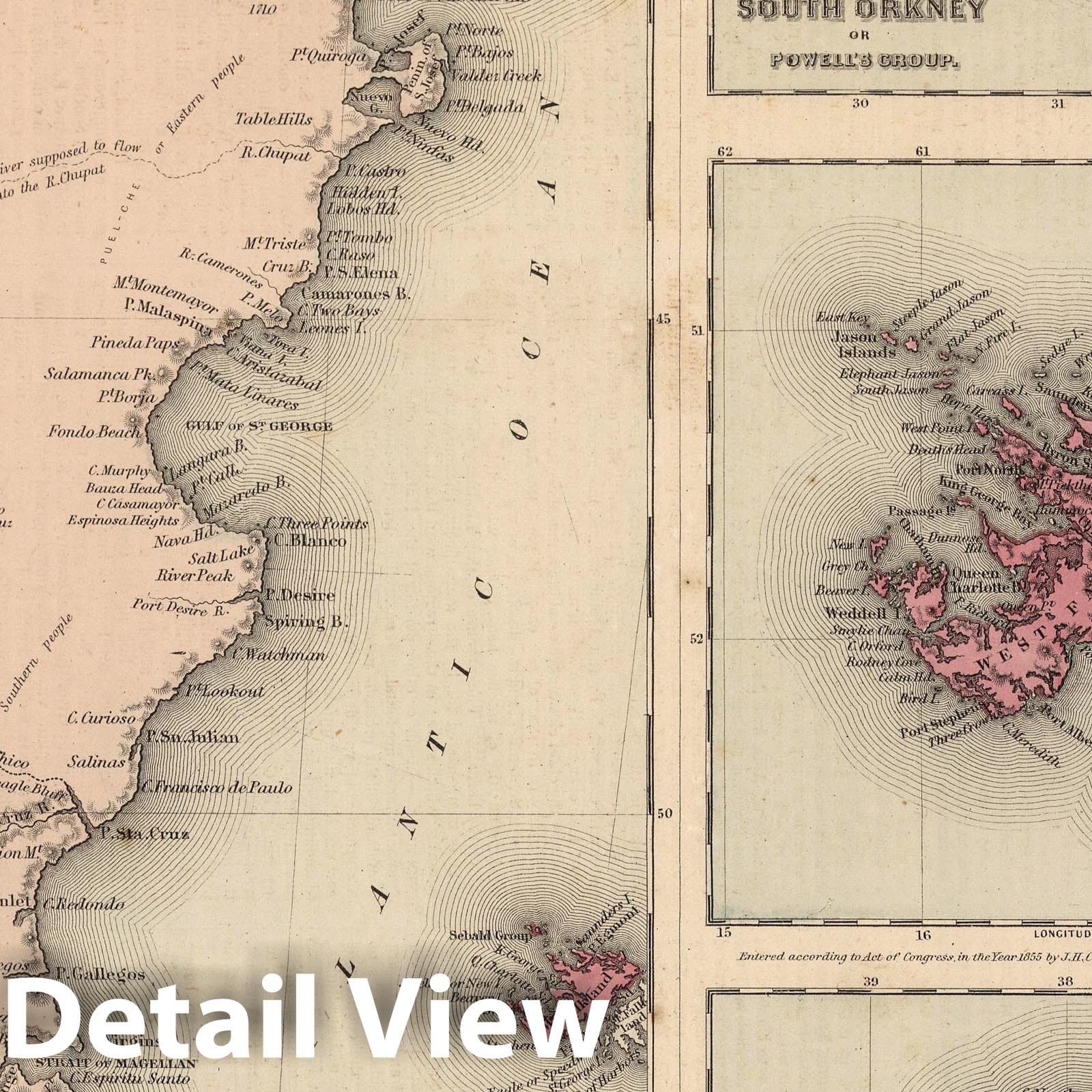 Patagonia, Falkland Islands, South Georgia and South Orkney Islands - 1866 Historical Map Print