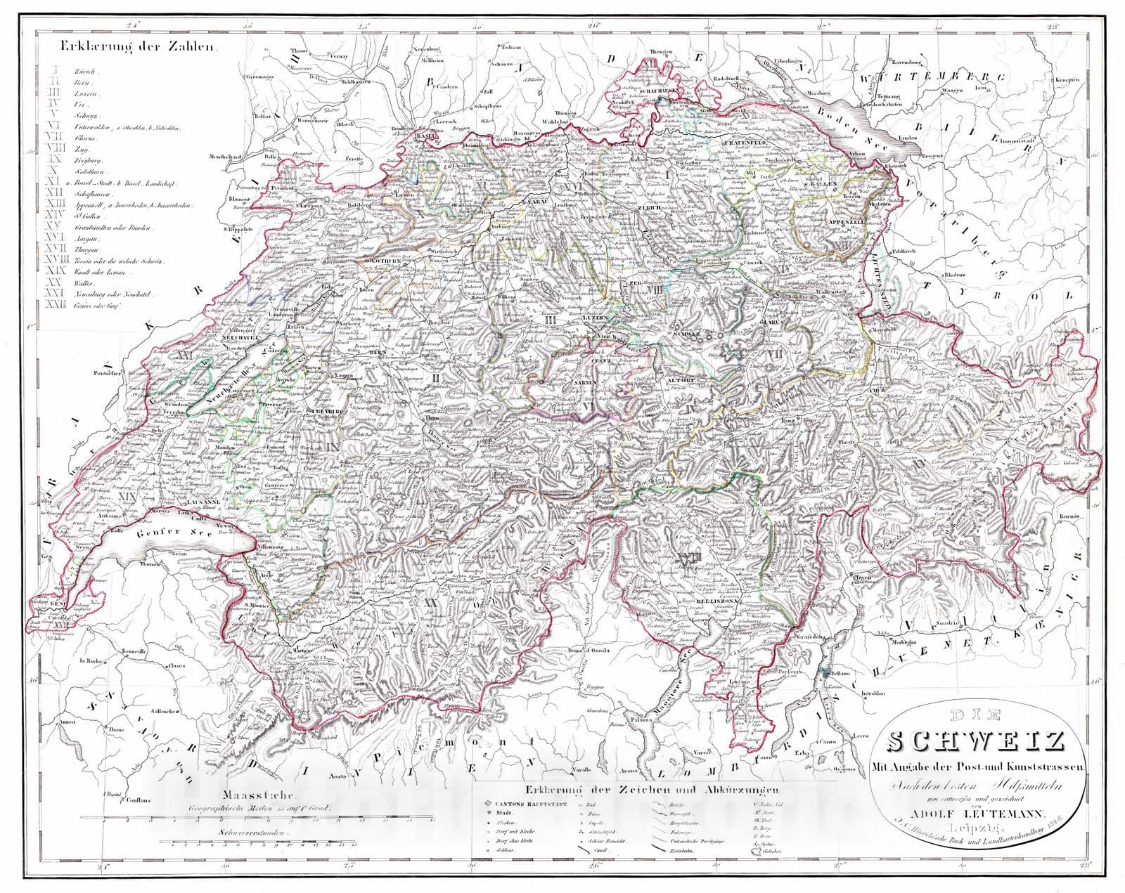 Historic Map : Switzerland, 1854 Die Schweiz mit angabe der post-und Kunststrassen , Vintage Wall Art