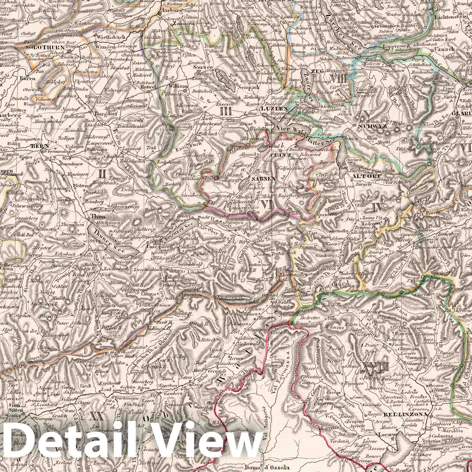 Switzerland with Postal and Art Routes - 1854 Historical Map Print