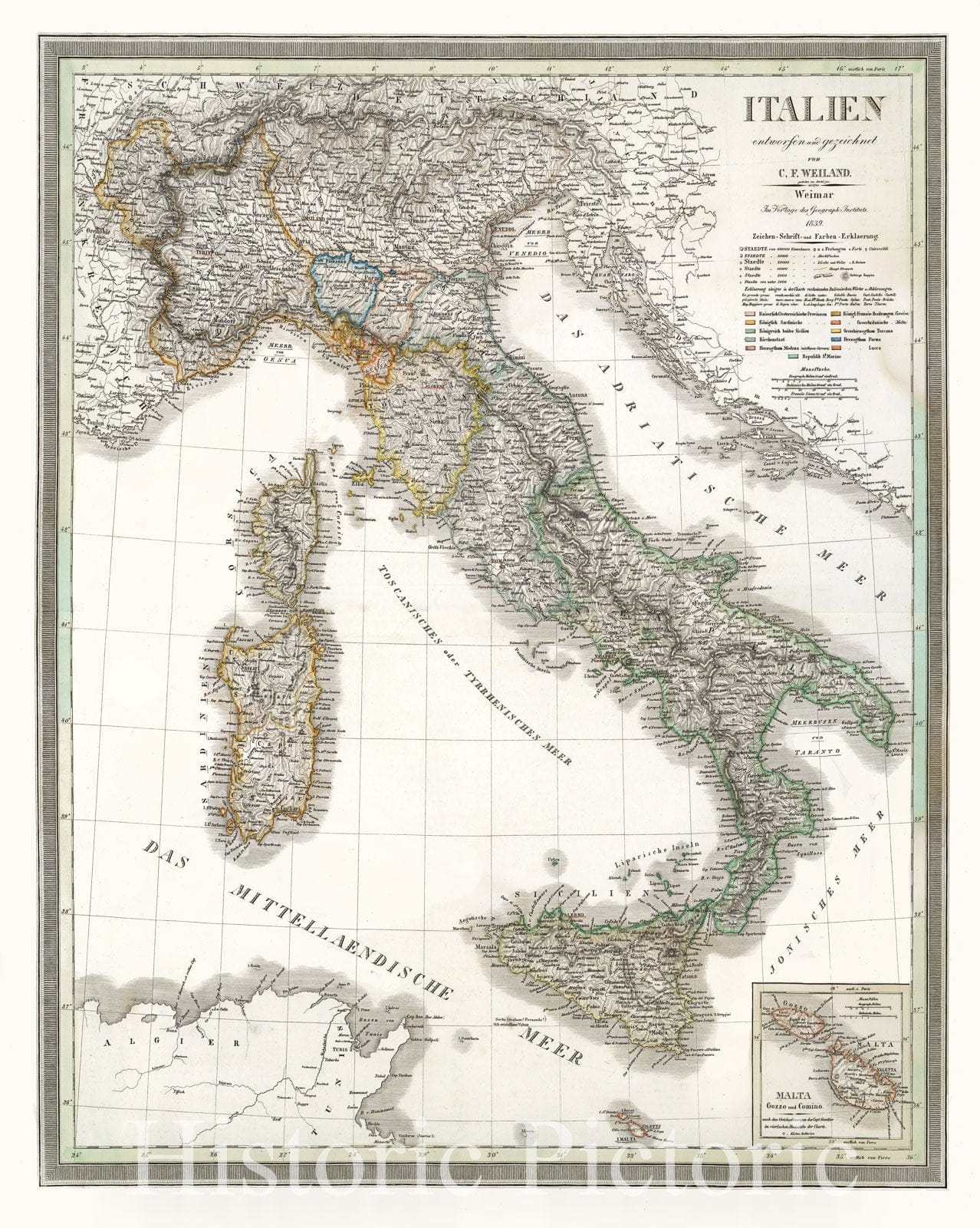 Italy 1839 Historical Map Print - Hand-Colored Atlas Plate