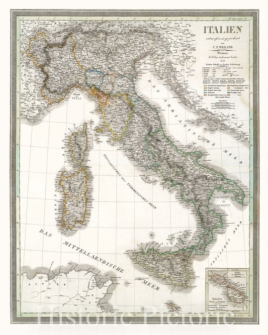 Italy 1839 Historical Map Print - Hand-Colored Atlas Plate