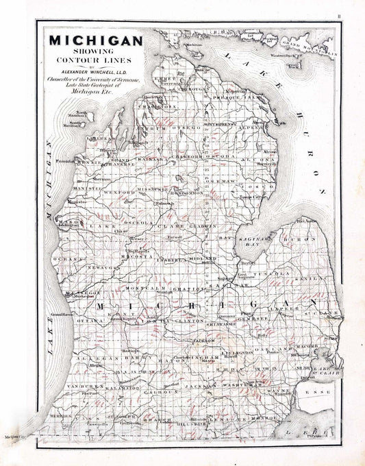 Historic Map : 1873 Michigan showing contour lines. - Vintage Wall Art
