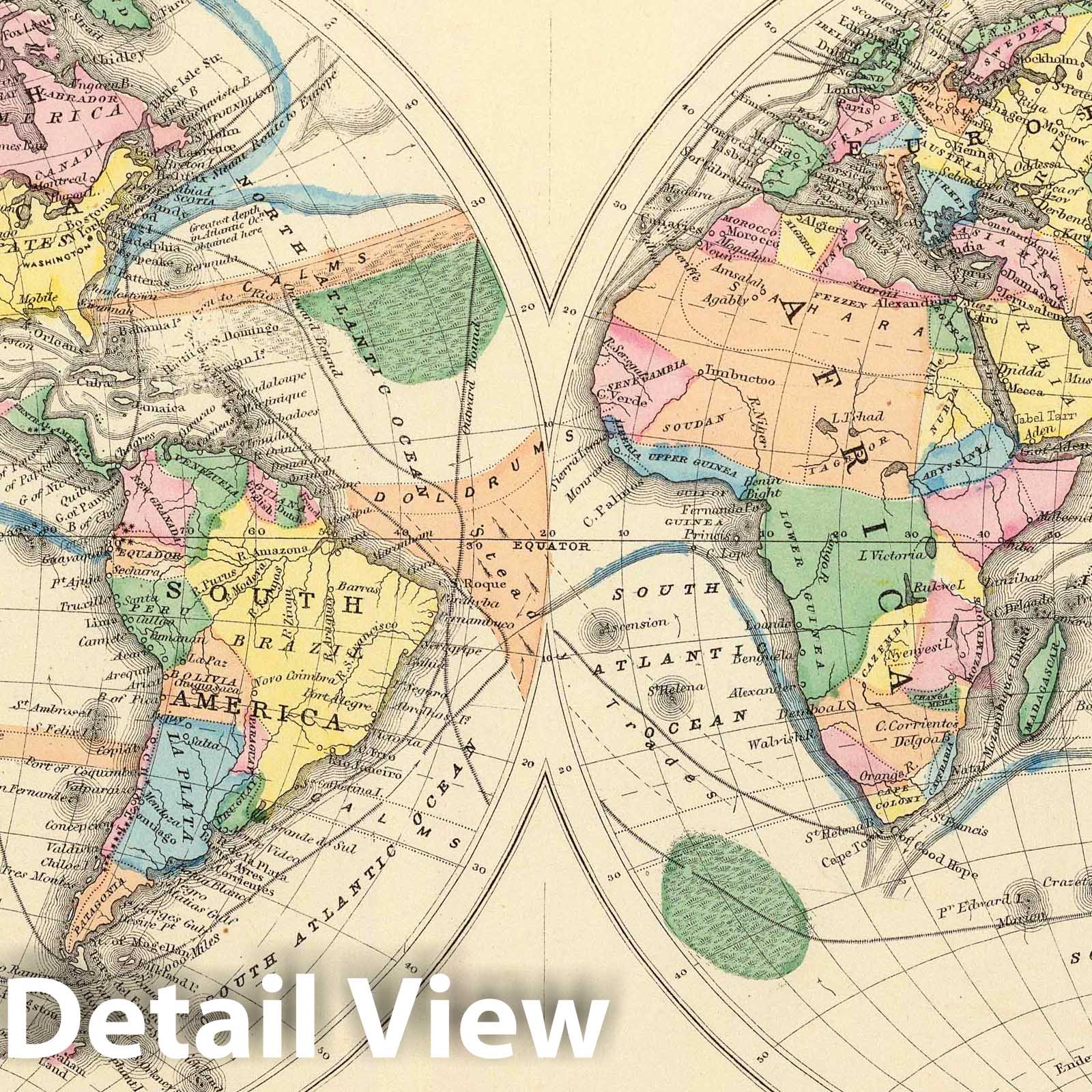 1872 World Map - Hand-Colored Historical Atlas Plate with Ocean Currents & Trade Routes