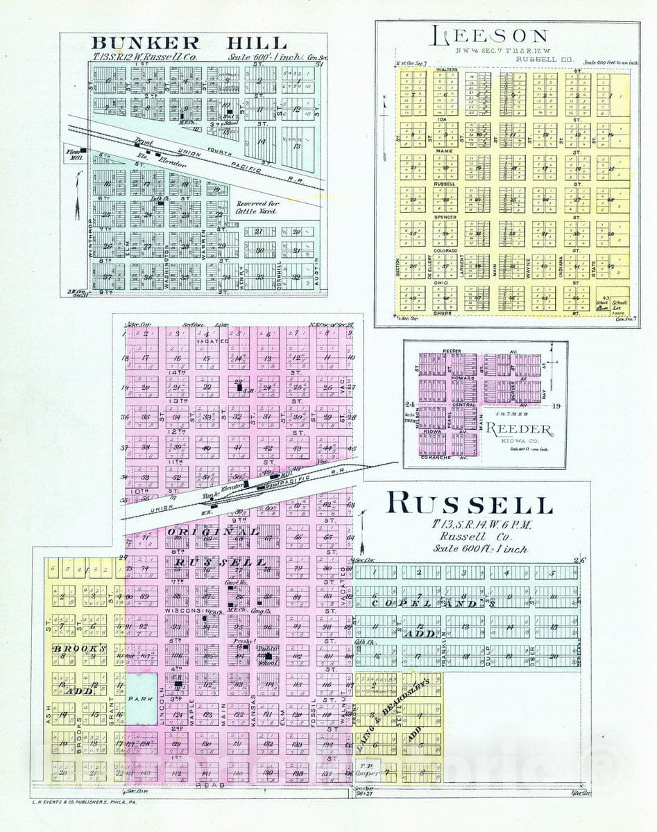 Historic Map : 1887 Russell, Bunker Hill, Leeson, Reeder. - Vintage Wall Art