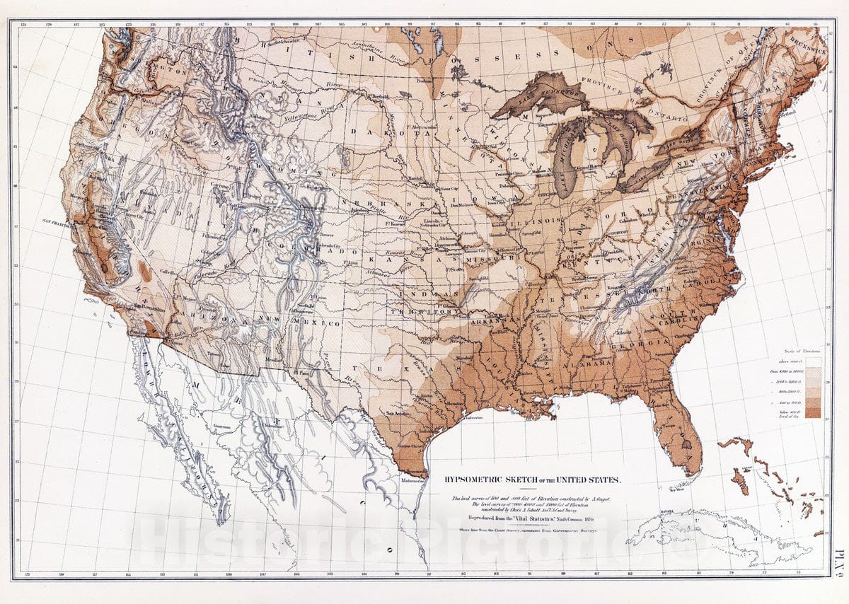 Historic Map : Statistical Atlas - 1874 Hypsometric sketch US. - Vintage Wall Art