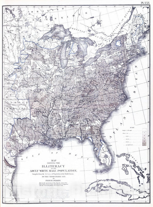 Historic Wall Map : Statistical Atlas - 1874 White male illiteracy. - Vintage Wall Art