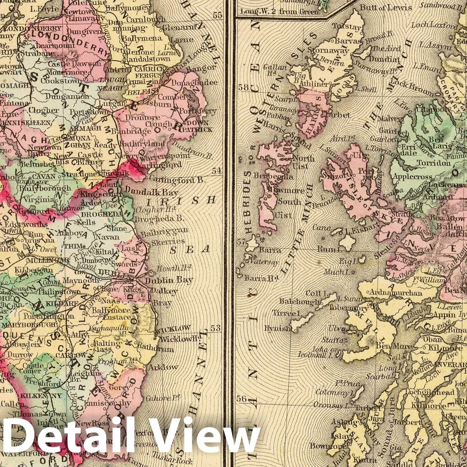 Ireland in Provinces and Counties with Scotland Map - 1870 Mitchell Atlas Print
