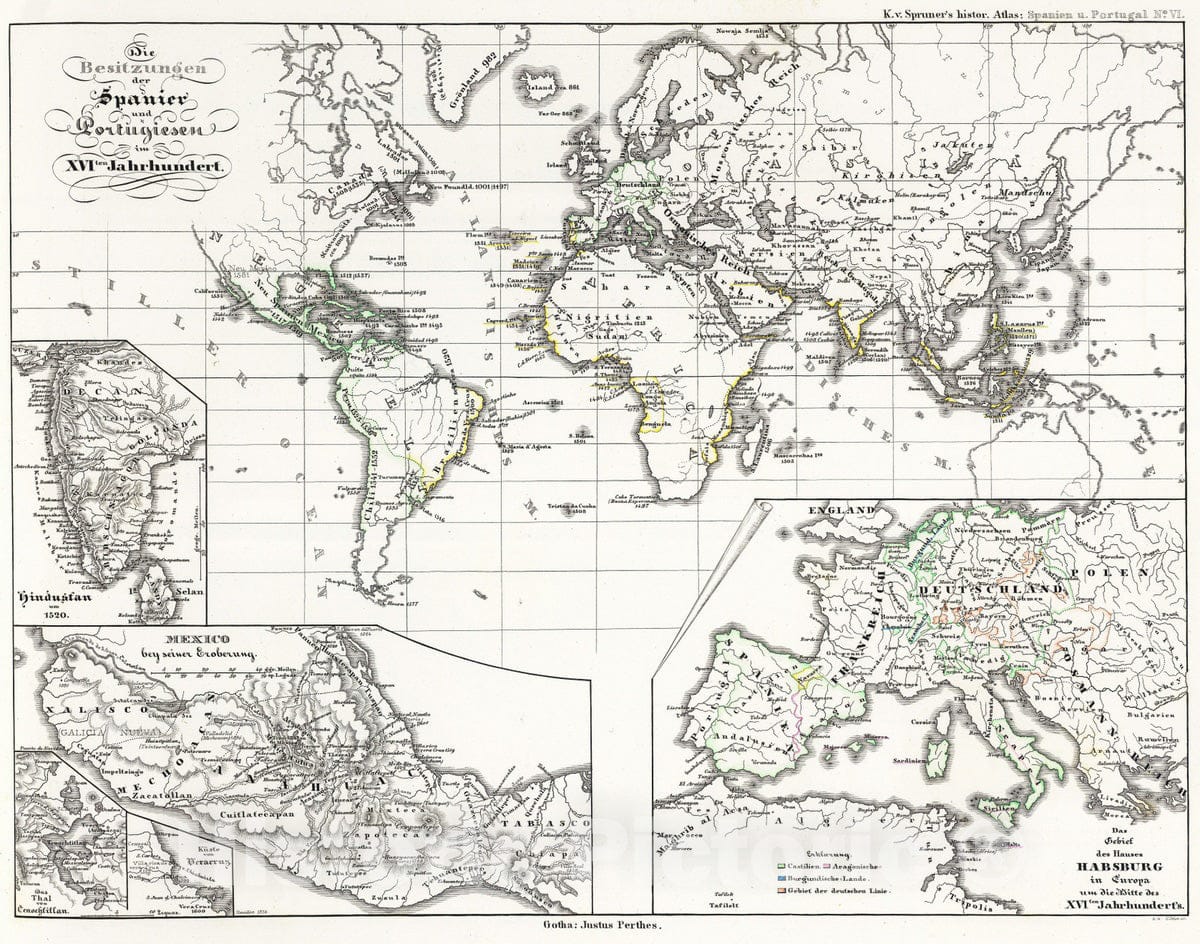 Historic Map : Portugal; Spain, , World 1854 Besitzungen der Spanier und Portugiesen XVIten. Jahrhundert, Atlas , Vintage Wall Art