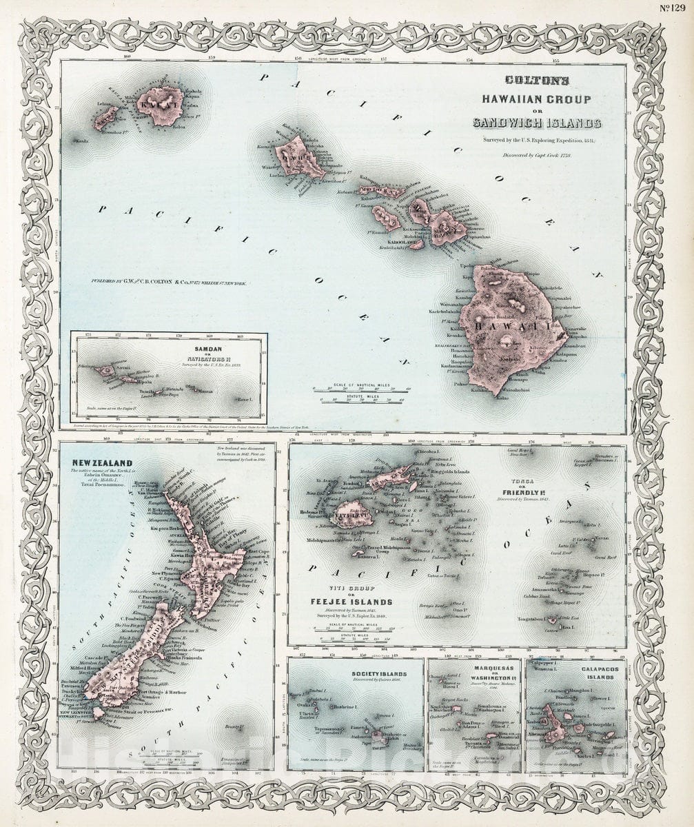 Hawaii, New Zealand, Fiji, Tonga, Samoa, Marquesas, and Galapagos Islands, 1869 Historical Map Print