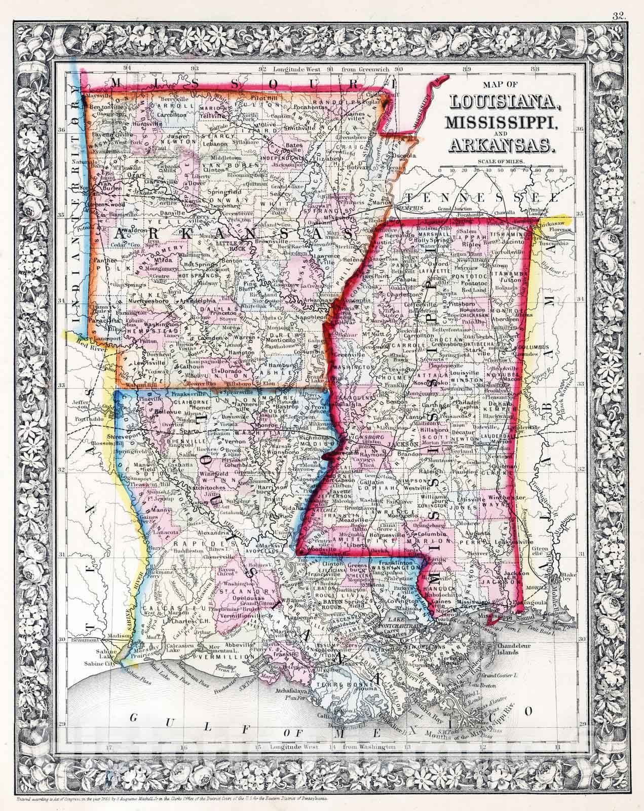 Historic Map : 1865 Map of Louisiana, Mississippi. And Arkansas - Vintage Wall Art