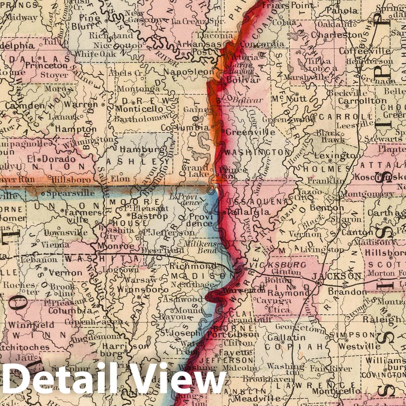 Louisiana, Mississippi, and Arkansas 1865 Historical Map Print