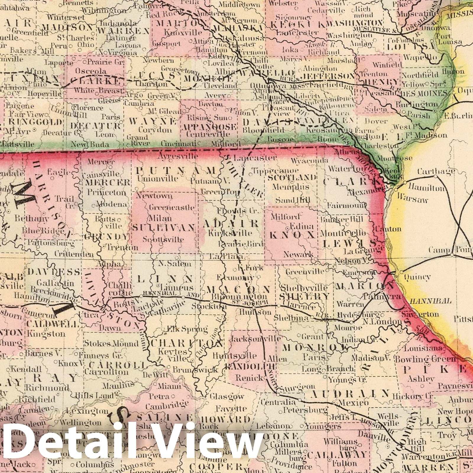 Iowa and Missouri County Map, 1865 - Historical Map Reproduction