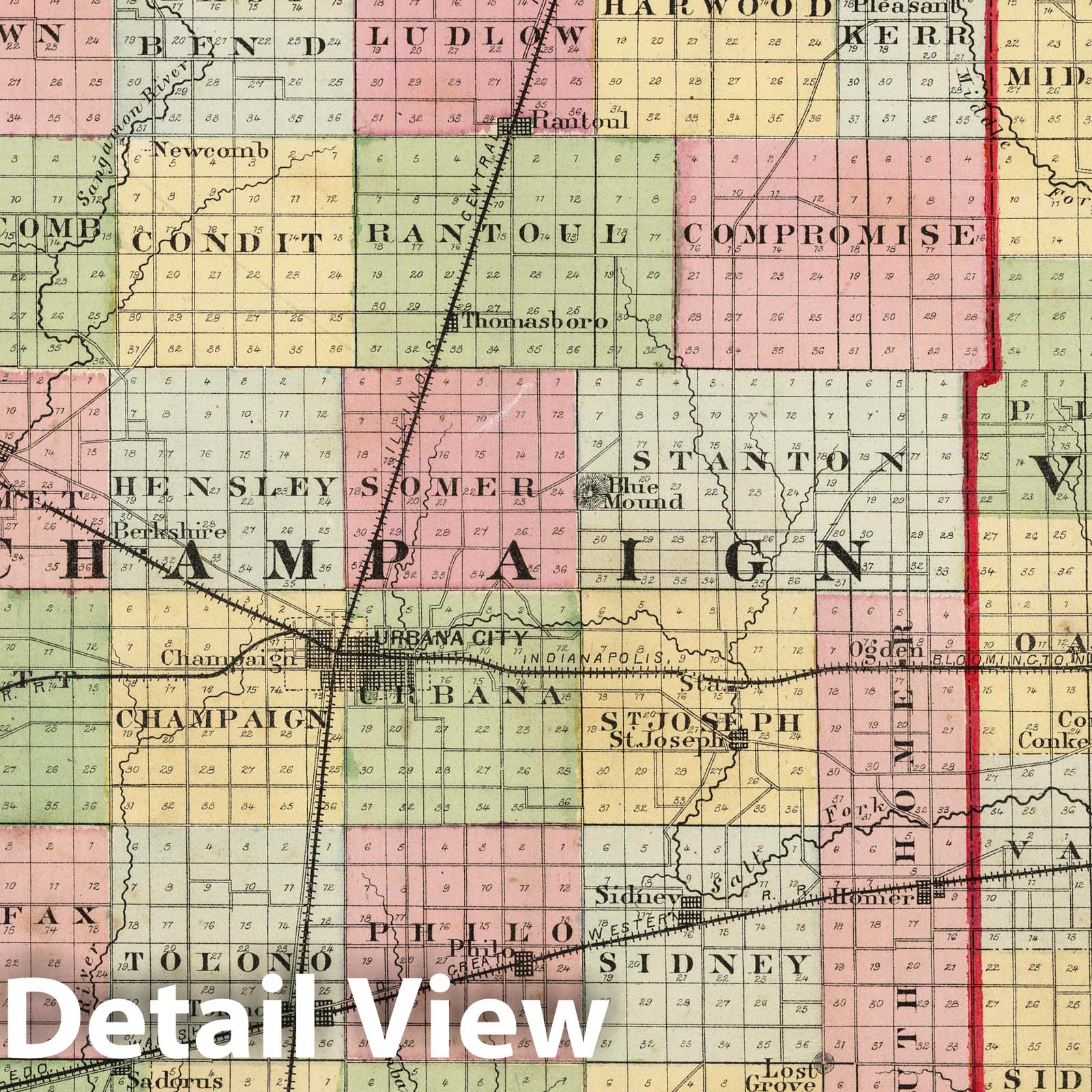 Piatt, Champaign, and Vermillion Counties, Illinois 1872 Historical Map Print