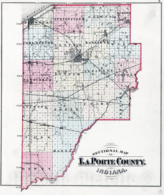 Historic Map : 1874 Sectional Map of LaPorte County, Indiana. - Vintage Wall Art