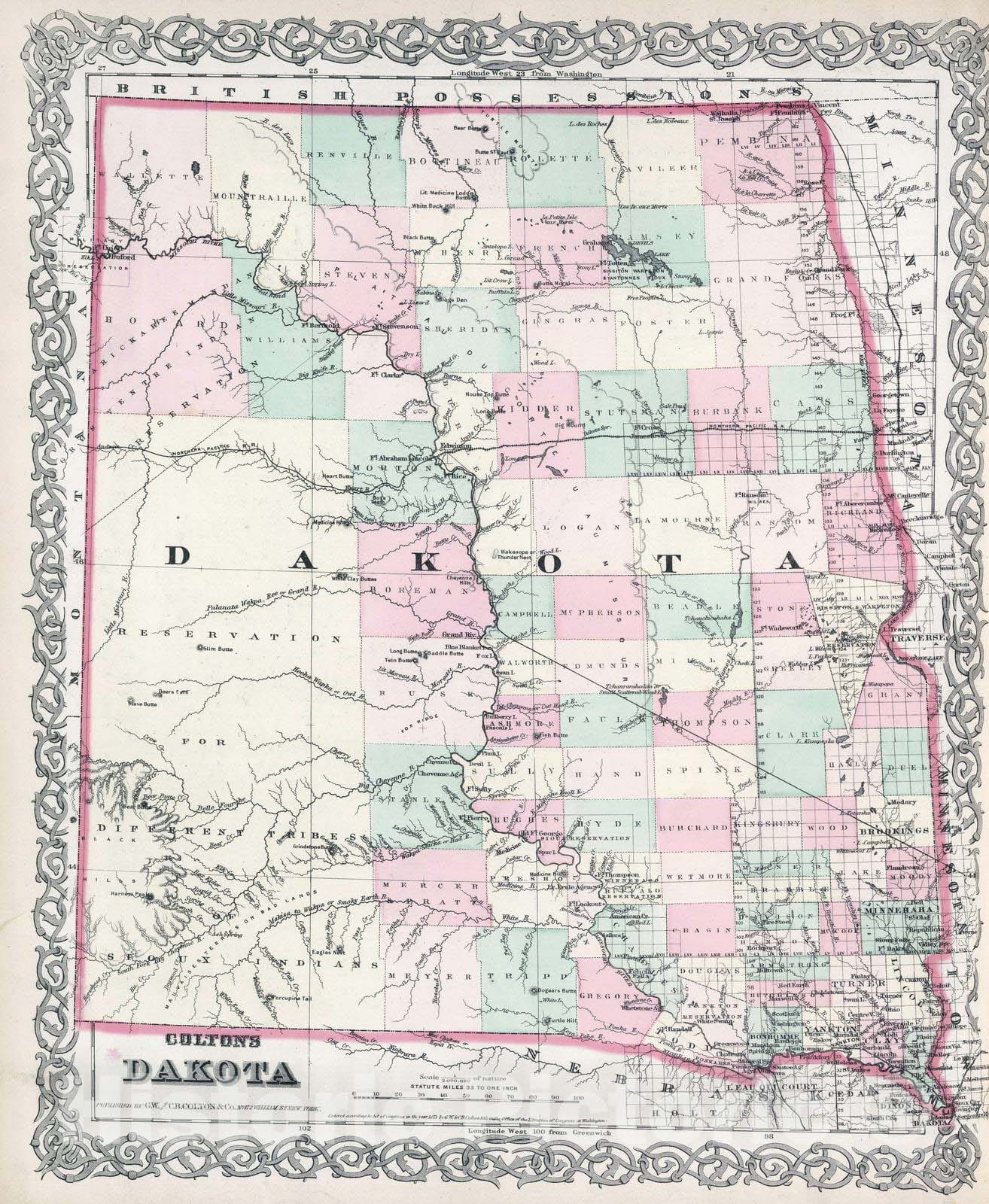 Historic Map : 1874 Dakota. - Vintage Wall Art