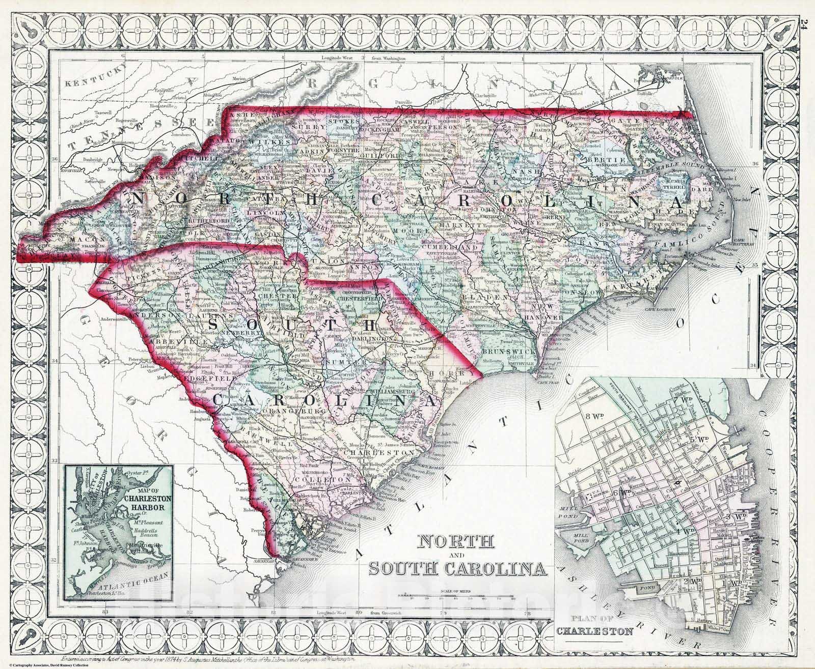 Historic Map : National Atlas - 1874 North and South Carolina. - Vintage Wall Art
