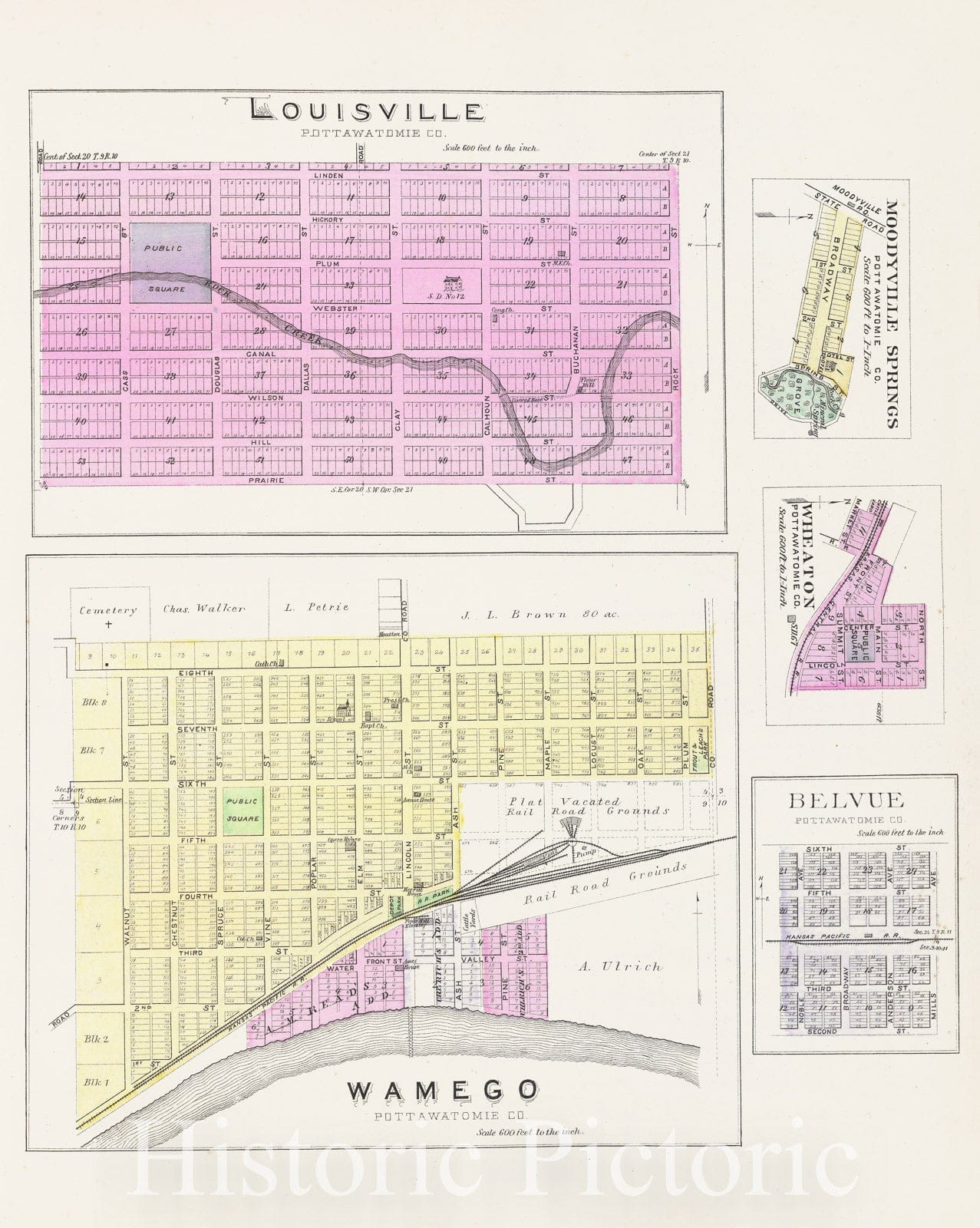 Wamego, Louisville, Moodyville Springs, Wheaton and Belvue, Pottawatomie County, Kansas - 1887 Historical Map