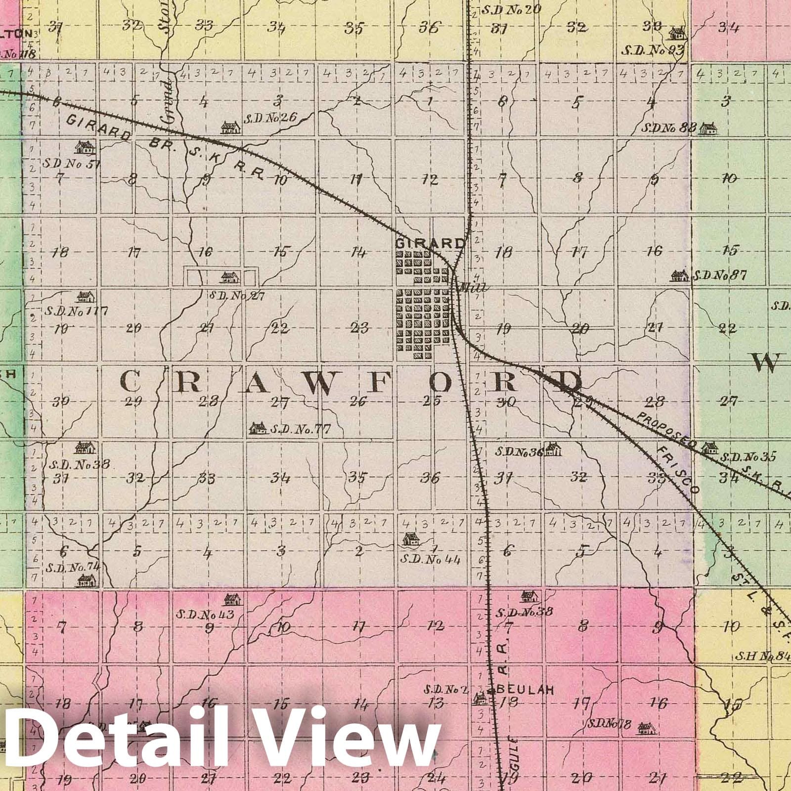 Crawford County, Kansas - Military Map, 1887 - Historical Atlas Print