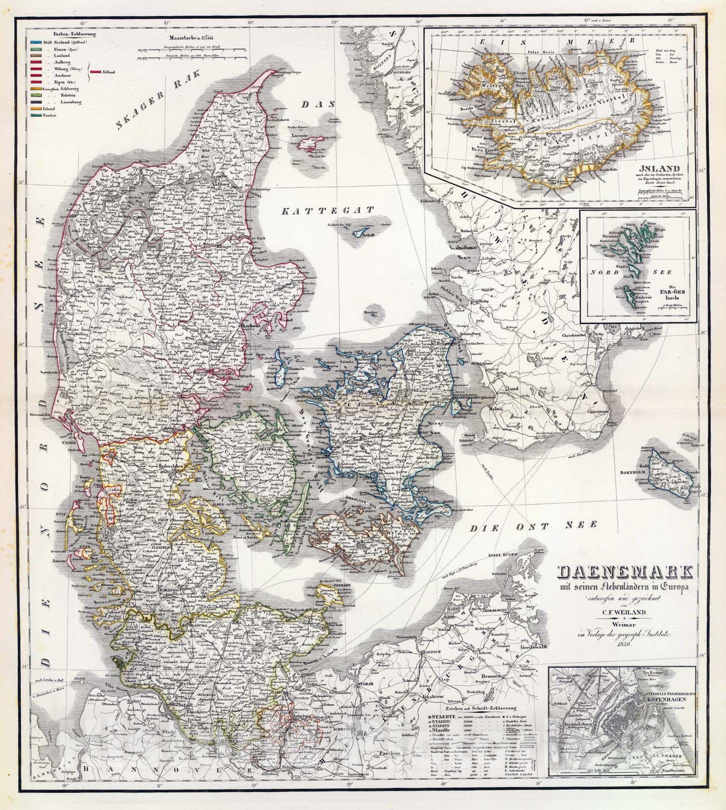 Historic Map : 1856 Daenemark, Island. - Vintage Wall Art