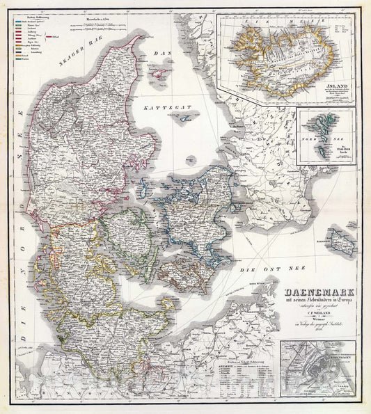 Historic Map : 1856 Daenemark, Island. - Vintage Wall Art