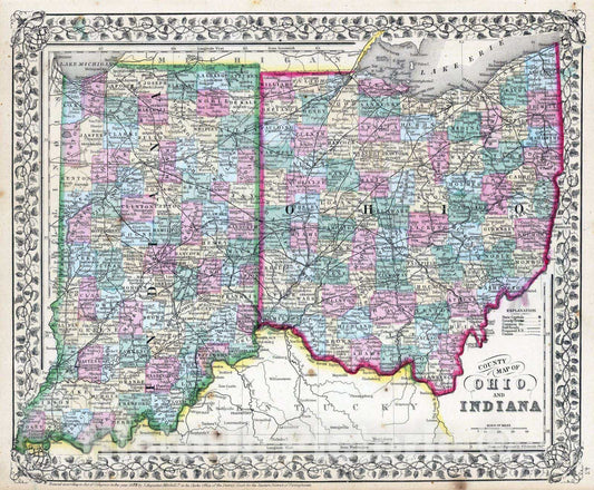Historic Map : 1870 Ohio, Indiana. - Vintage Wall Art