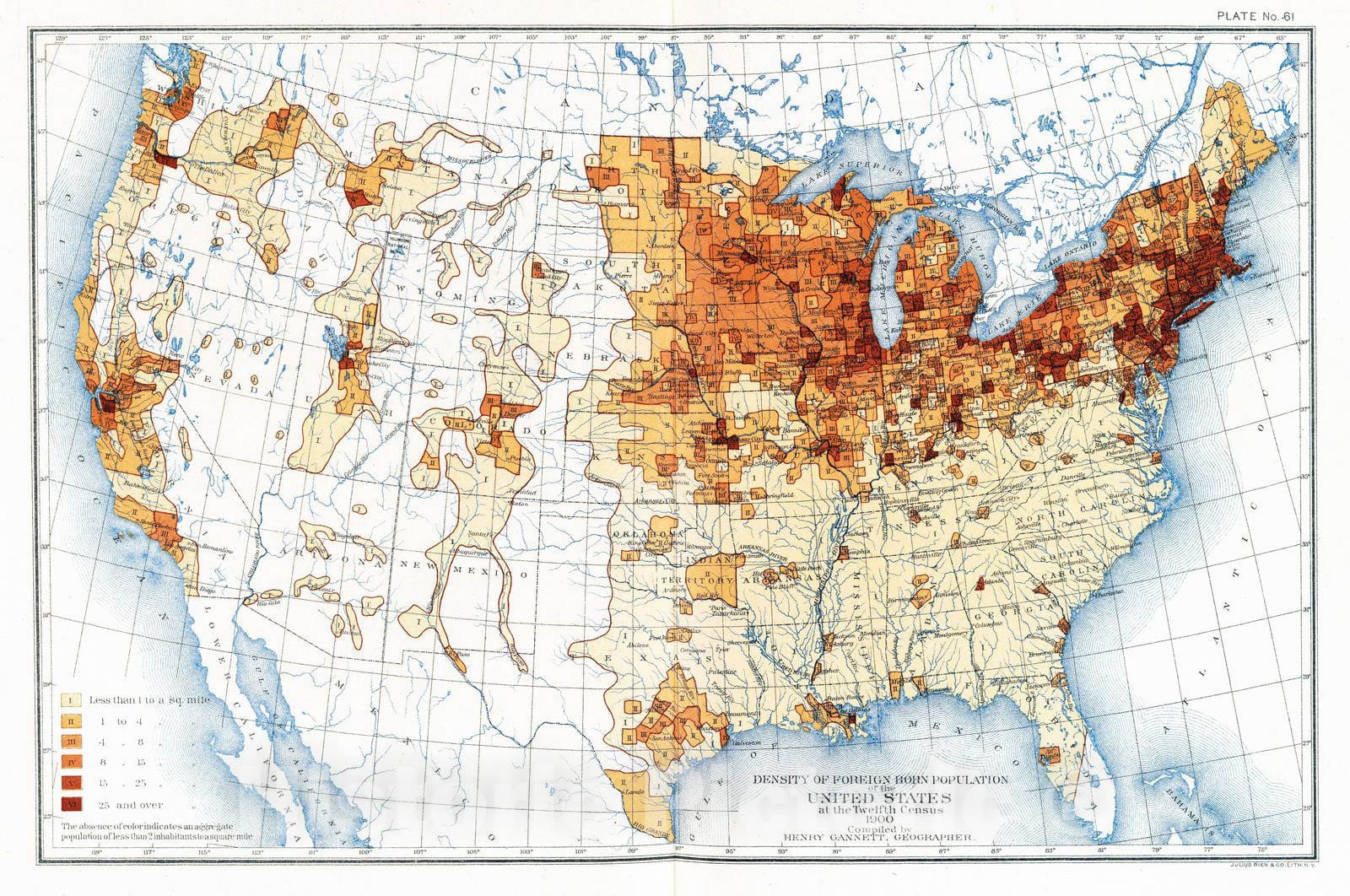 Historic Map : Statistical Atlas - 1903 61. Density foreign born. - Vintage Wall Art