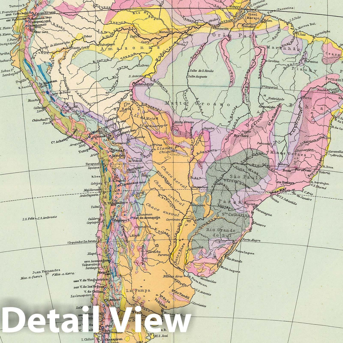 Sud-Amerika Geological Map 1892 - Andes Cordillera Atlas Plate