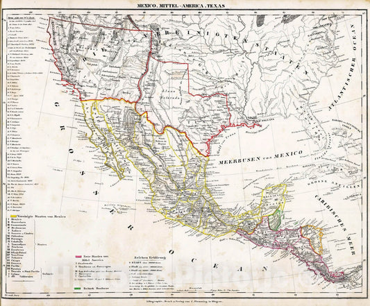 Historic Map : Mexico; United States, Texas, , Central America 1855 Mexico, Mittel-America, Texas. , Vintage Wall Art