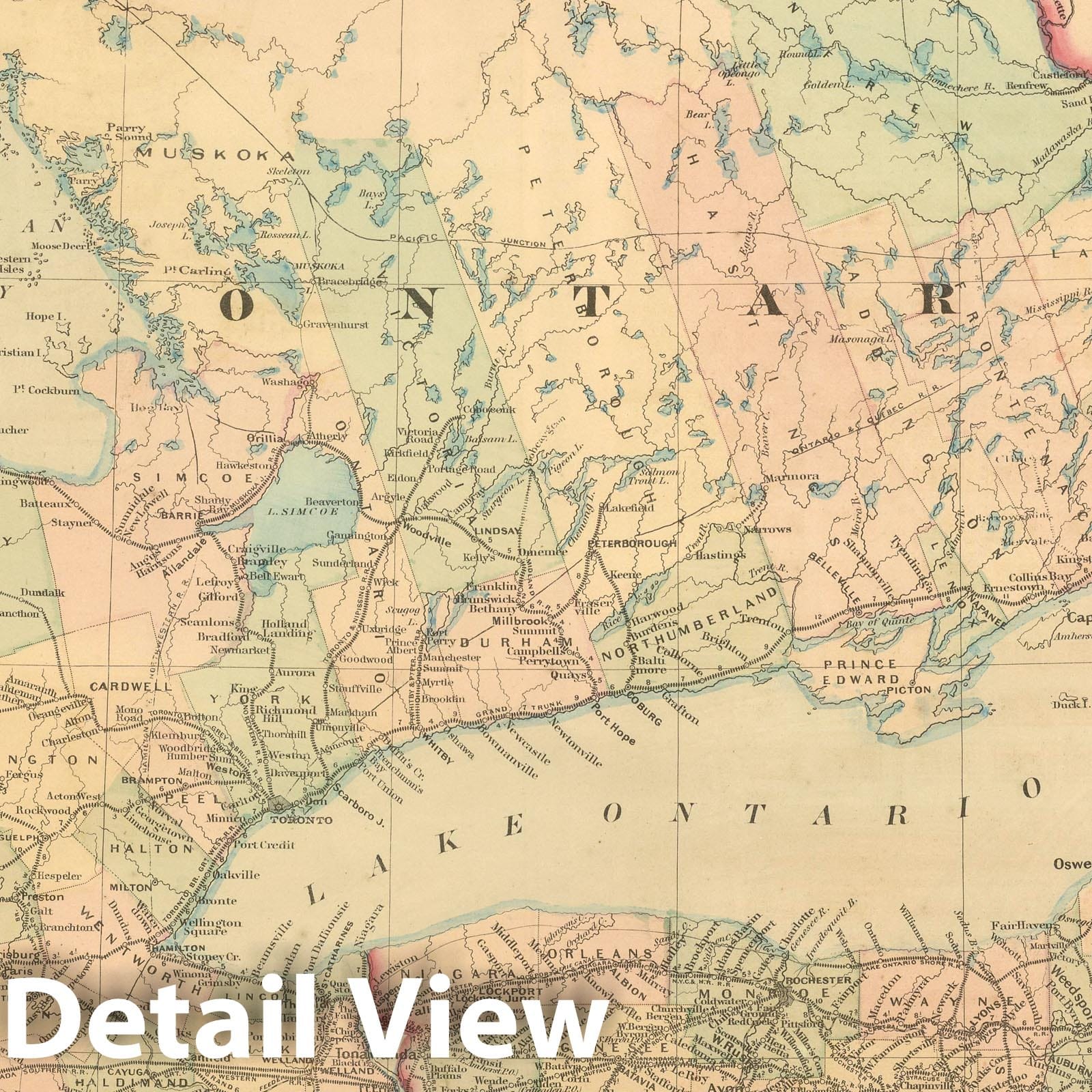 Asher & Adams' Ontario 1875 Railroad Map - Historical Reproduction
