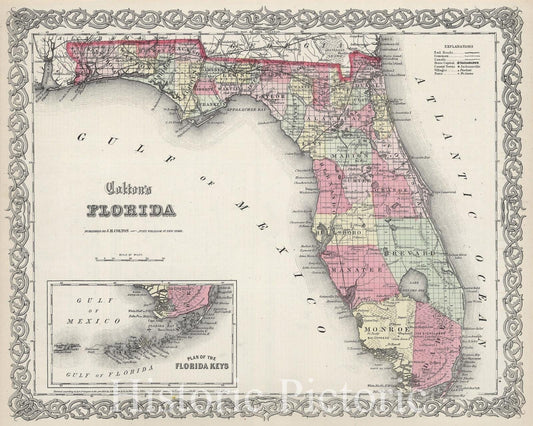 Florida with Florida Keys - Boundary Map, 1865 - Historical Map Print