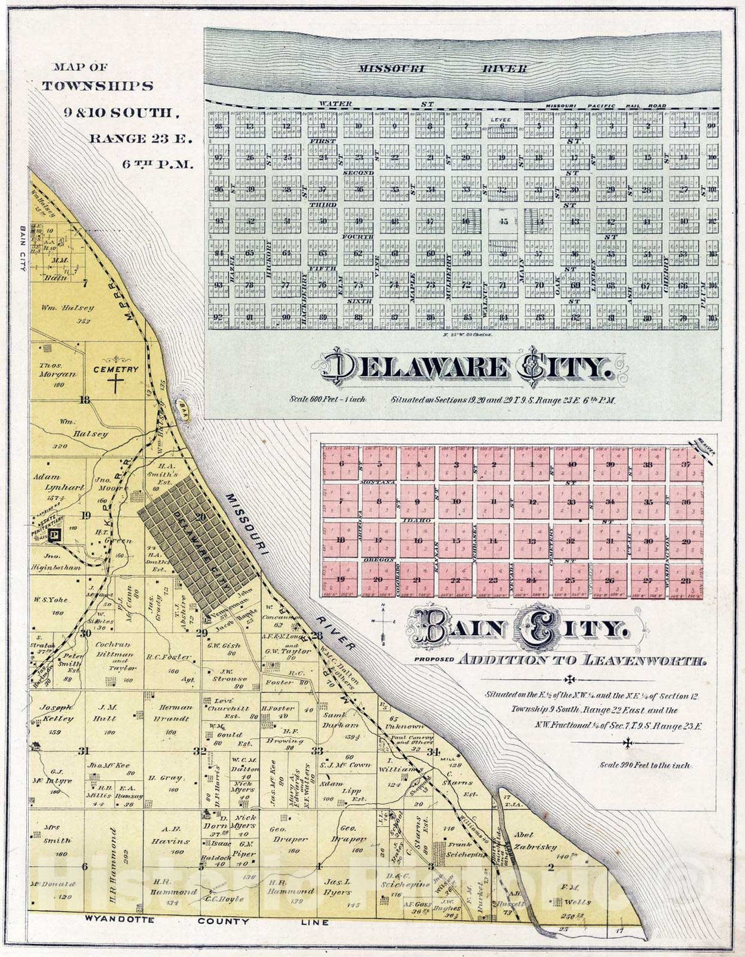 Historic Map : 1878 Townships 9 and 10 South, Range 23 E, Leavenworth County, Kansas. Delaware City. Bain City. - Vintage Wall Art