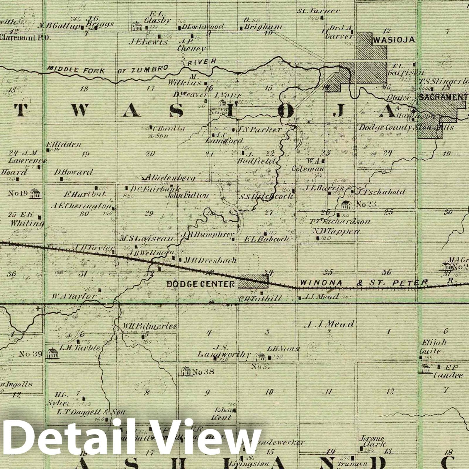 Dodge County, Minnesota - Railroad Map, 1874 - Historical Atlas Print