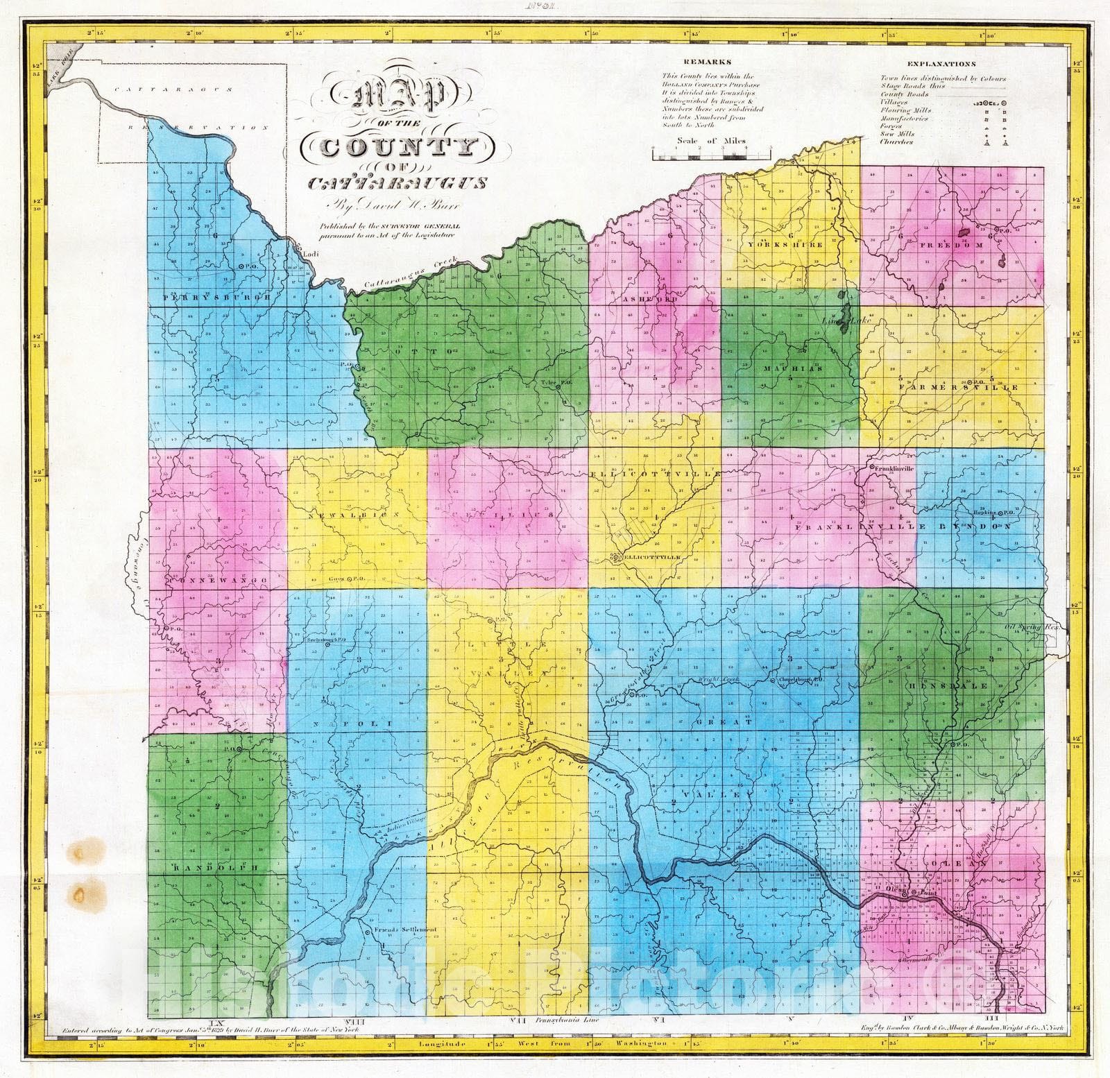 Cattaraugus County, New York - Physical Map, 1829 - Historical Map Print