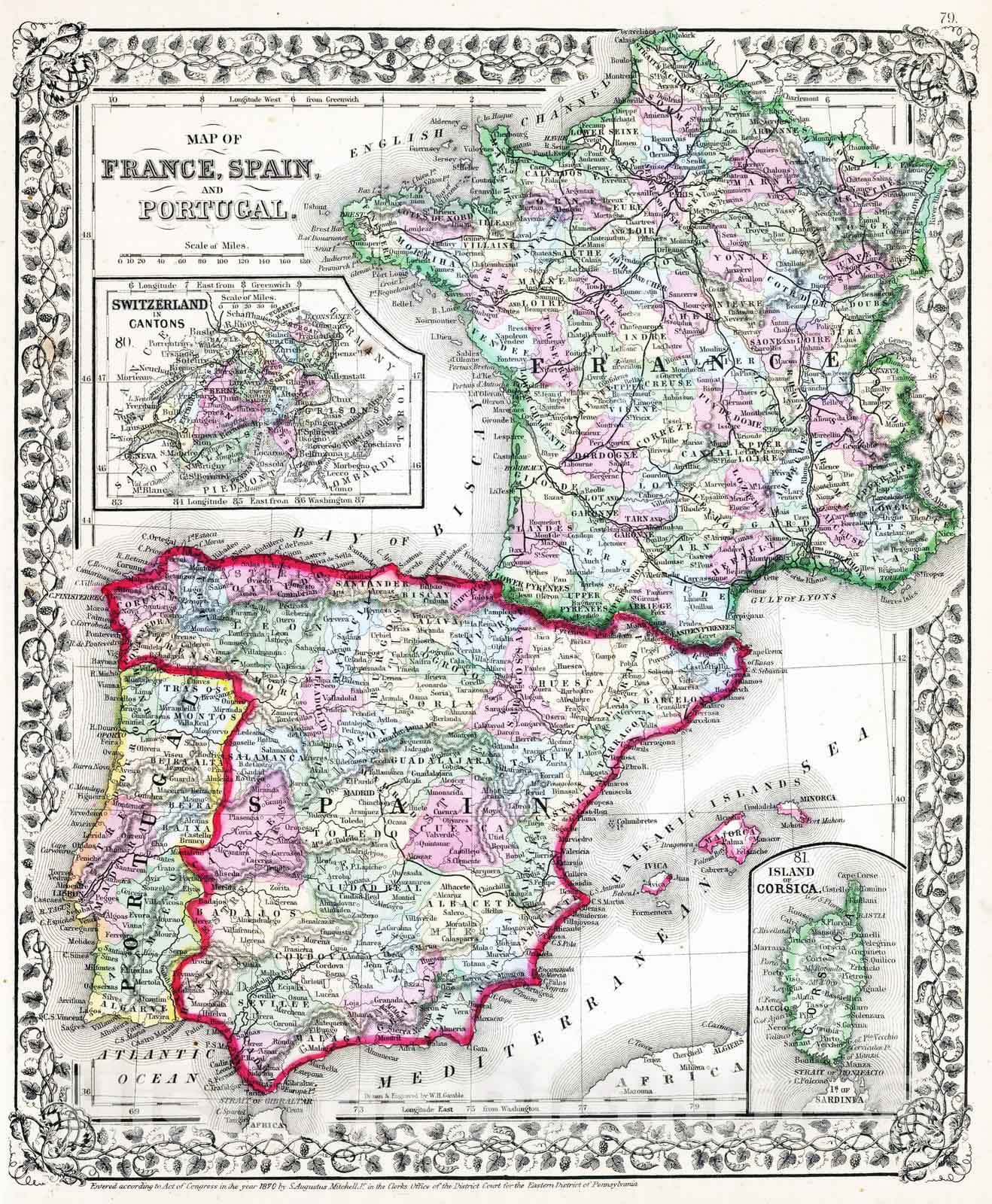 Historic Map : 1870 France, Spain, Portugal. - Vintage Wall Art