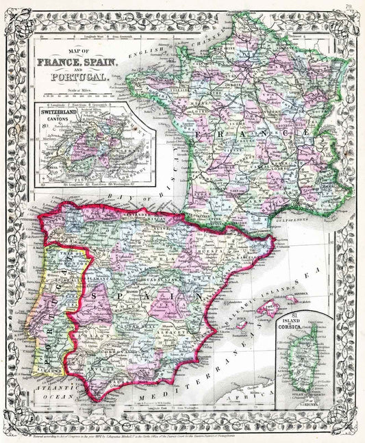 Historic Map : 1870 France, Spain, Portugal. - Vintage Wall Art