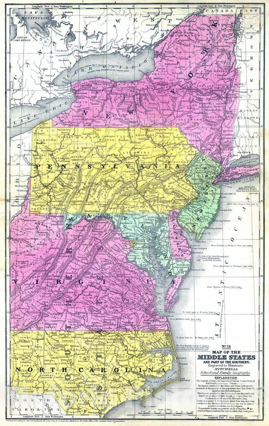 Historic Map : School Atlas - 1847 Middle States. - Vintage Wall Art