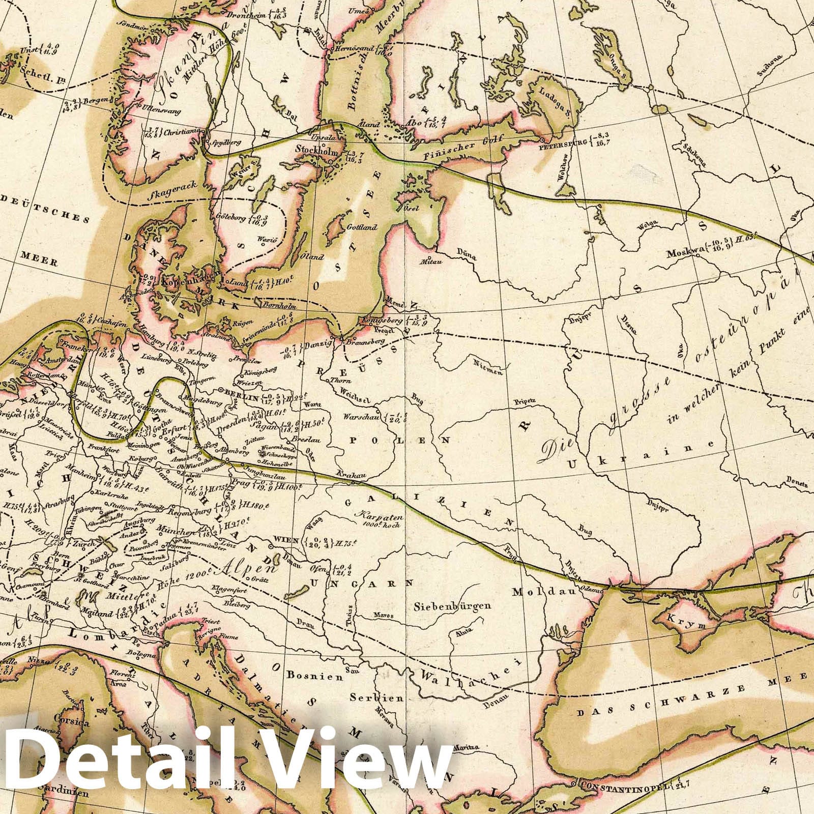 Europe - Temperature and Climate Distribution, 1837 - Historical Map Print